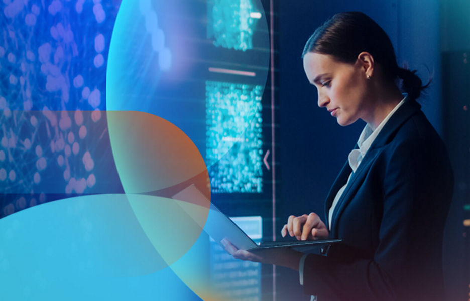 A business professional stands in a dark control room working on a laptop. Multiple digital screens glow in the background, suggesting data analysis or cybersecurity monitoring. On the left side, an abstract network of connected nodes and lines represents digital connections or artificial intelligence. The image uses a blue and orange color palette, creating a high-tech and futuristic atmosphere.