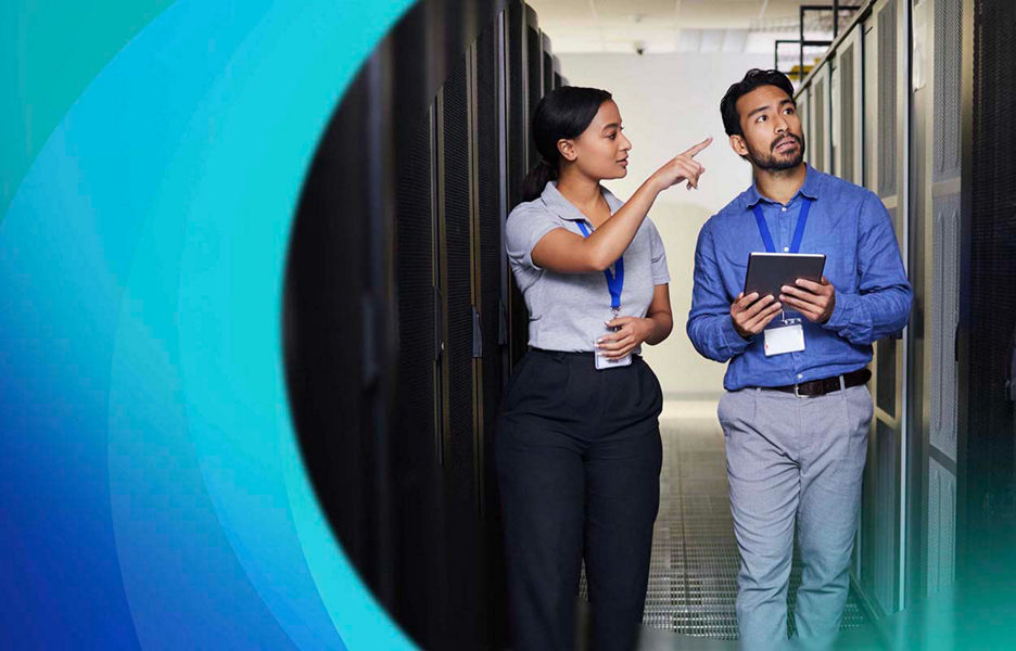 A data centre worker giving a guided tour