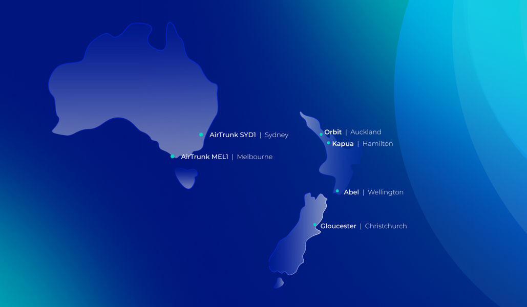 A map of New Zealand and Australia showing Datacom's data centre locations