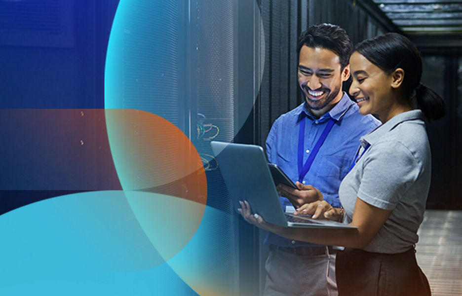 Two IT professionals working on a laptop in a data center, overlaid with abstract blue and orange digital shapes.