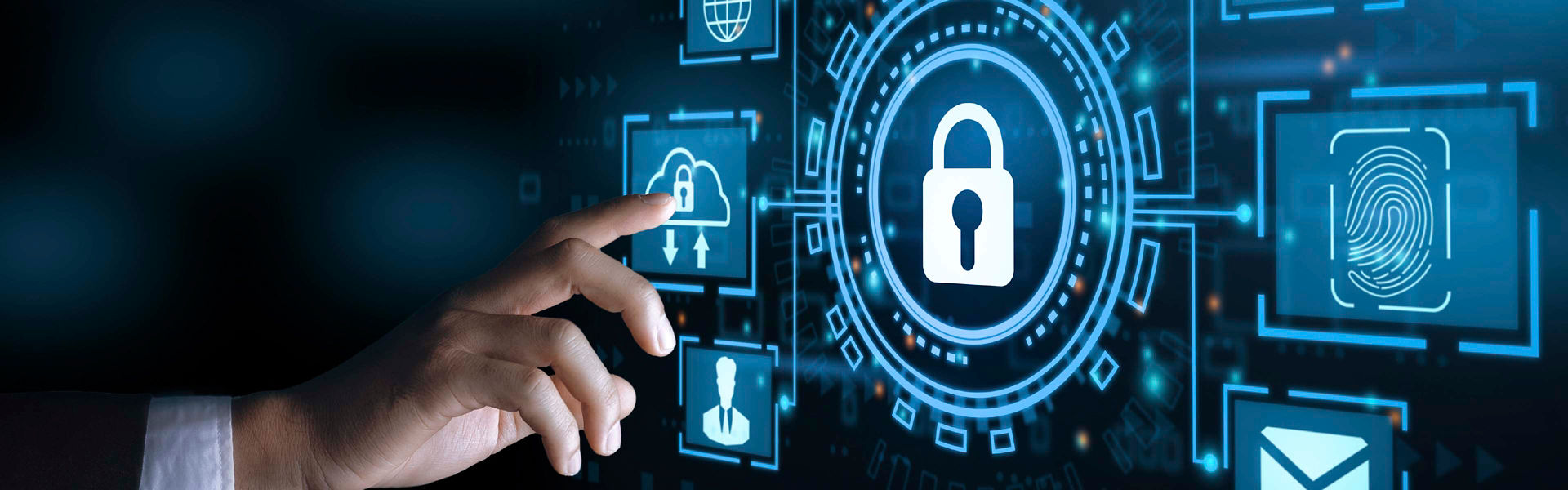 A hand reaching out to touch a matrix of security components