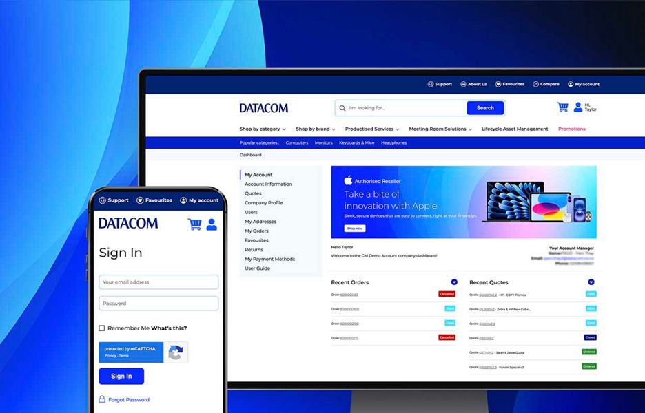 Screen mockup of the Datacom store sign in and account pages