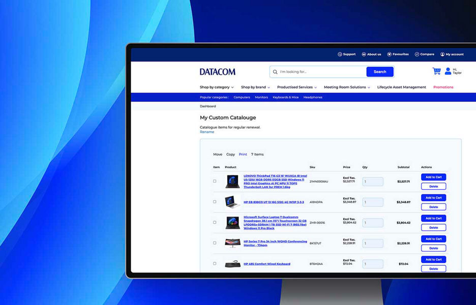 Screen mockup of a custom catalogue on Datacom store