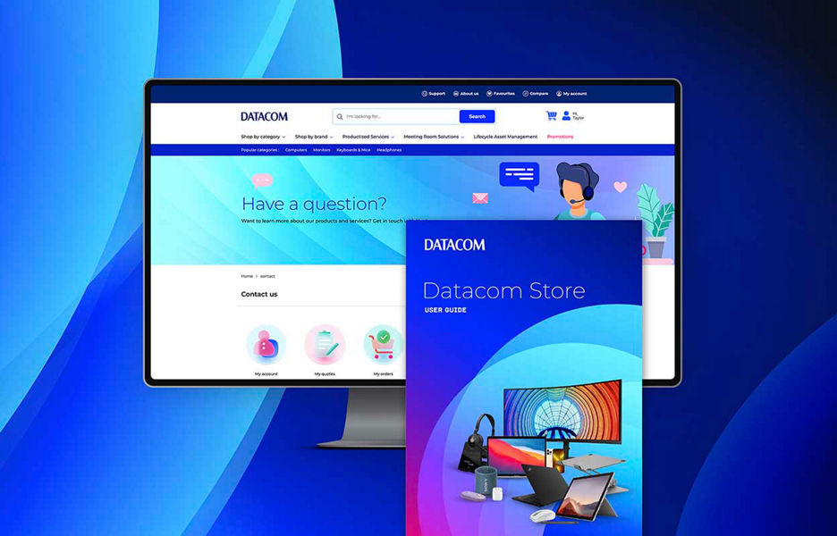 Cover of the Datacom Store user guide and the website support page