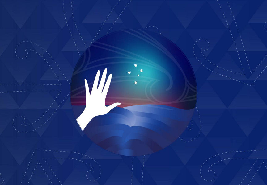 A hand reaching out over waves at a southern cross constellation