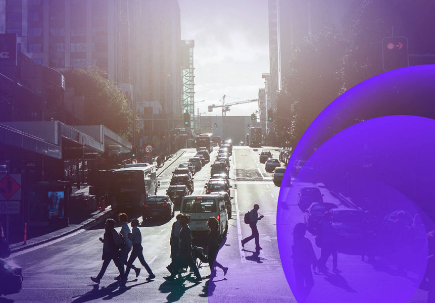 Busy cityscene with purple lockup