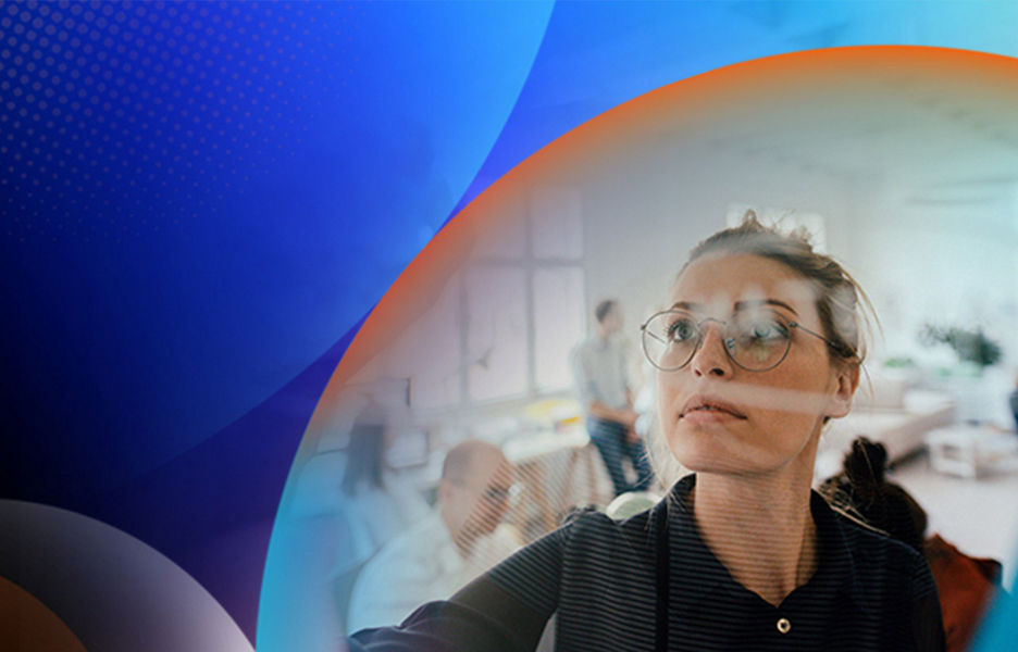 Woman writing on a window with a marker and people behind her in an office space with an orange and blue lens overlay