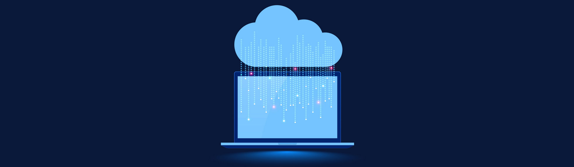A computer with a cloud above it showering down data