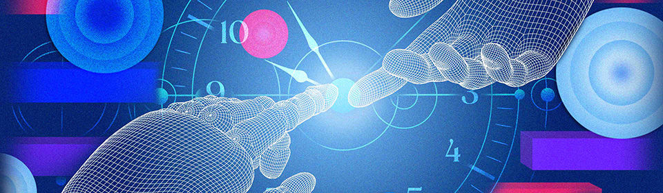 A blue banner infographic with  hands touching in front of a clock