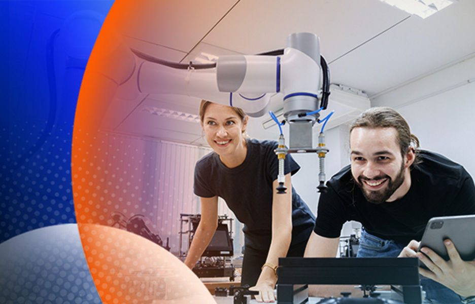 Two people working and admiring a piece of technology in a research lab with an orange and blue lens overlay