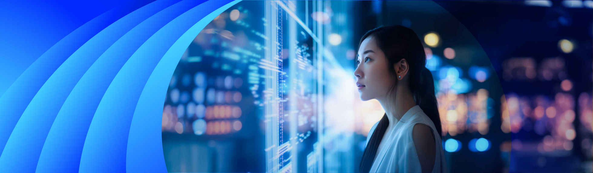 A woman looking through a window of lights and technology