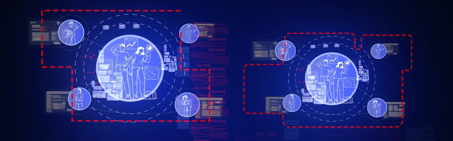 Abstract blue interface showing connected workflow icons and red dashed outlines.