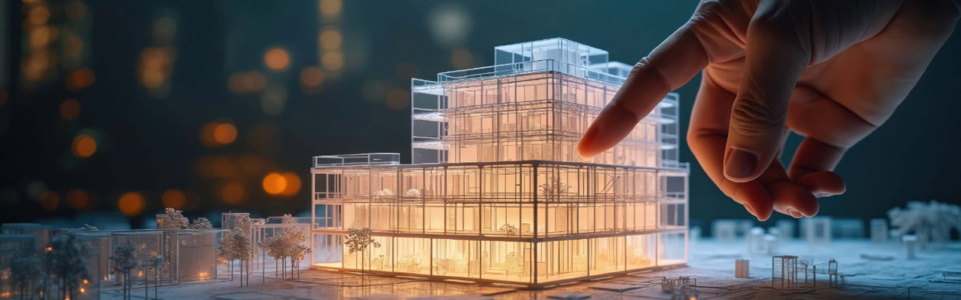 A modern architectural diorama of buildings, illuminated by warm lights, placed on a wooden base in a spacious office