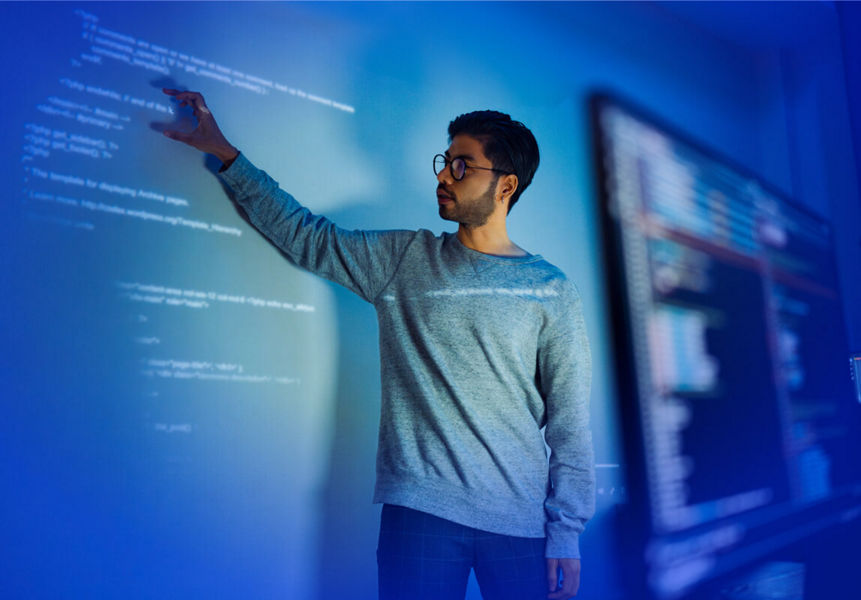 Professional presenting documentation on application modernisation 