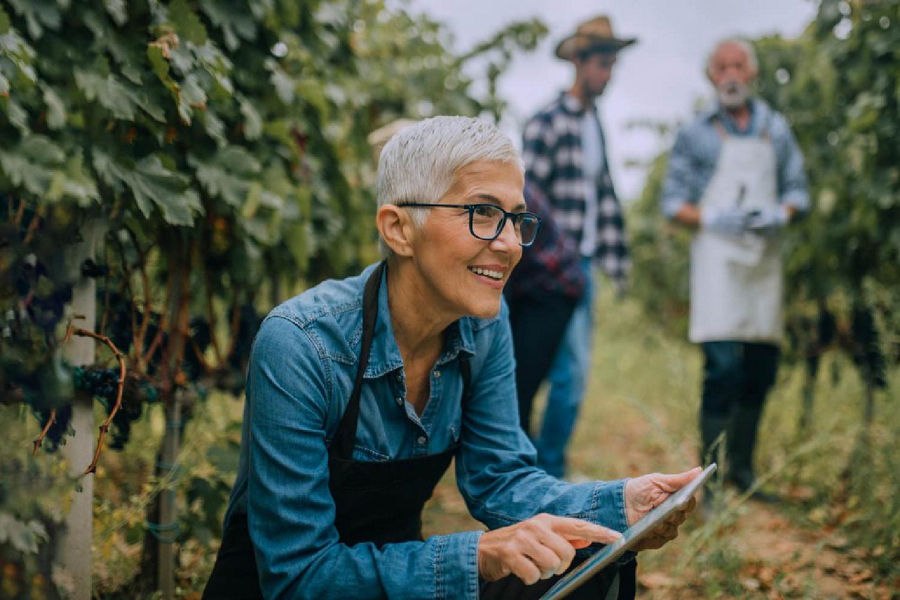 A woman wearing glasses using a tablet for agricultural analysis