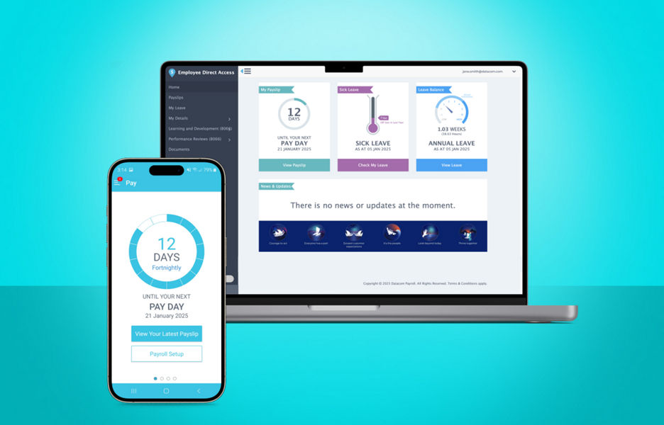 Direct Access dashboard desktop mockup and MyPay app mobile screen mockup 