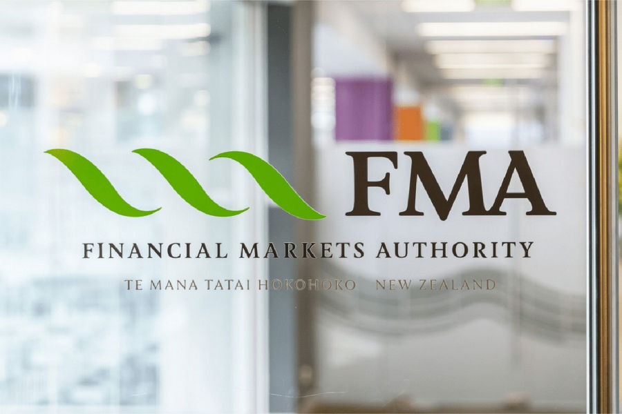 FMA (Financial Markets Authority) logo on a glass office wall.