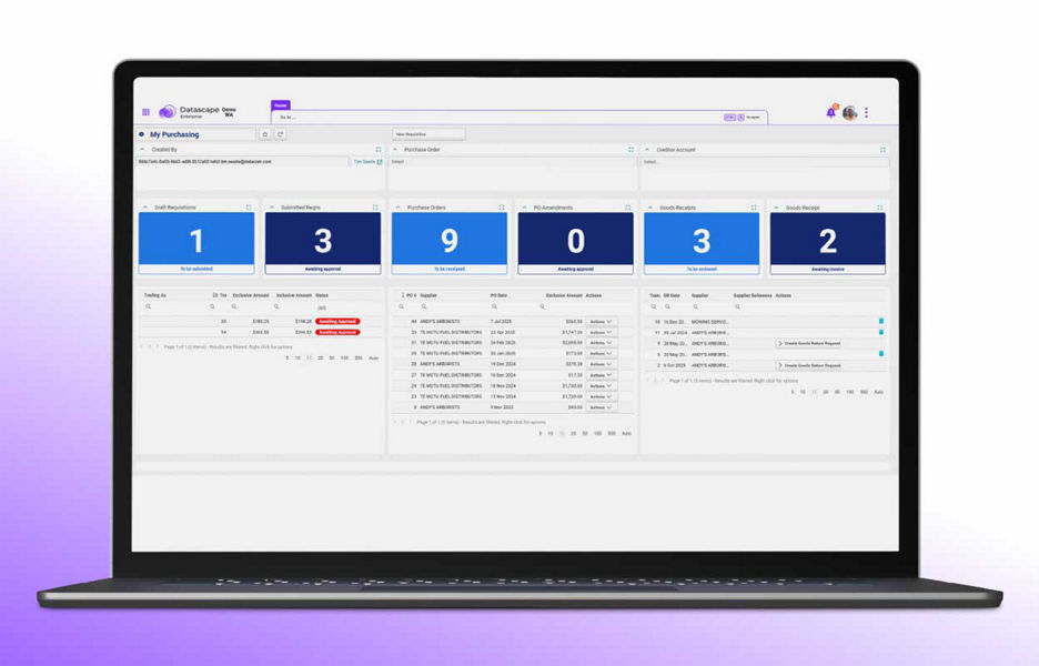 Laptop showing the Datascape enterprise my purchasing panel 