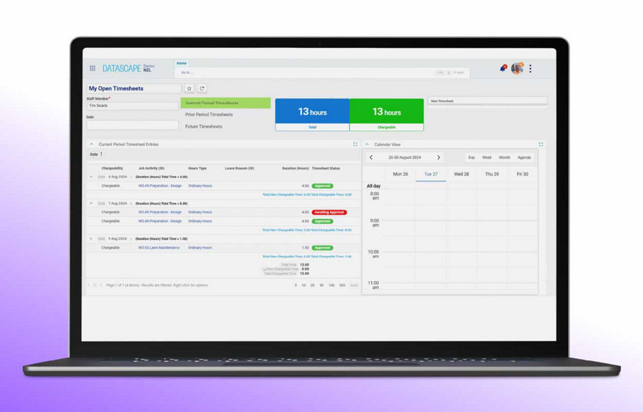 Laptop showing the Datascape enterprise demo website open timesheets panel 
