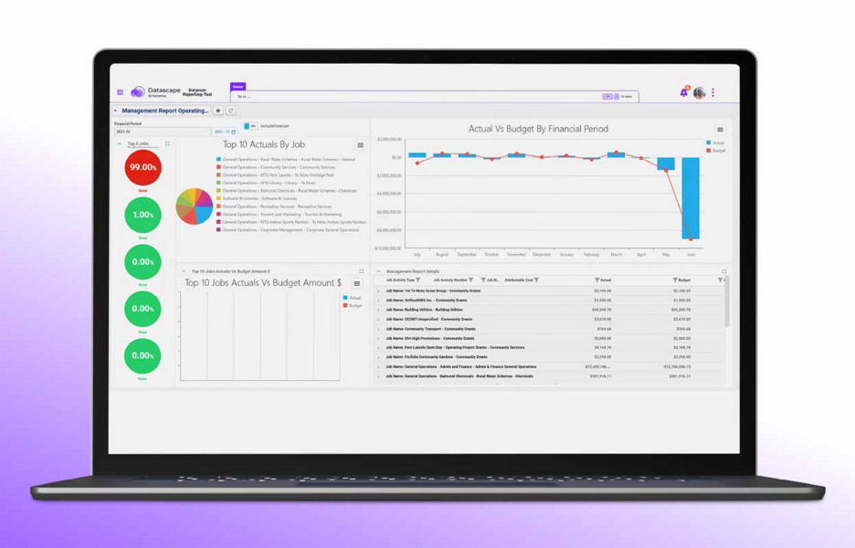 Laptop showing the Datascape enterprise demo website management report operating panel 