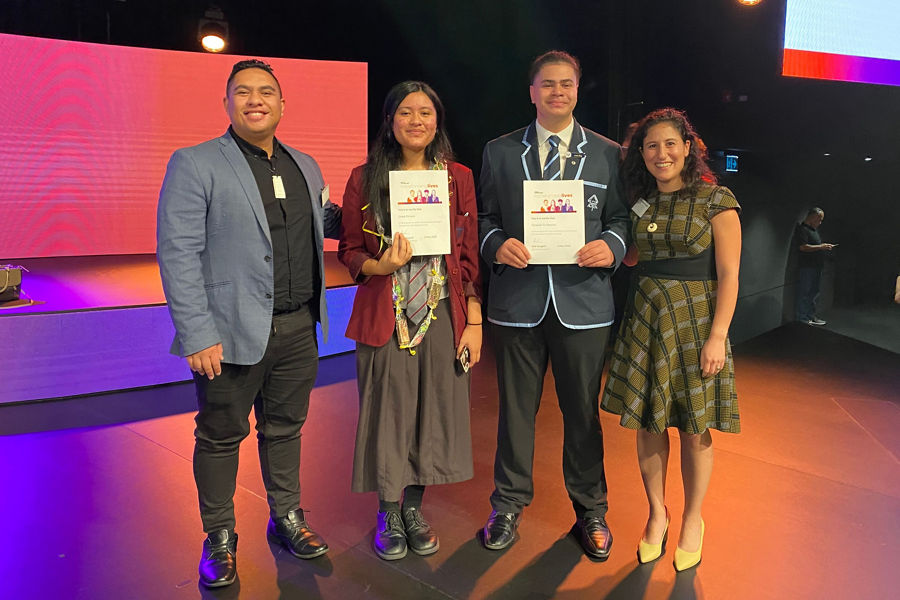 Timoti Wharewaka and Farnoosh Farahi welcome 2023 scholars Grace and Taranaki at the 2023 First Foundation scholarship awards