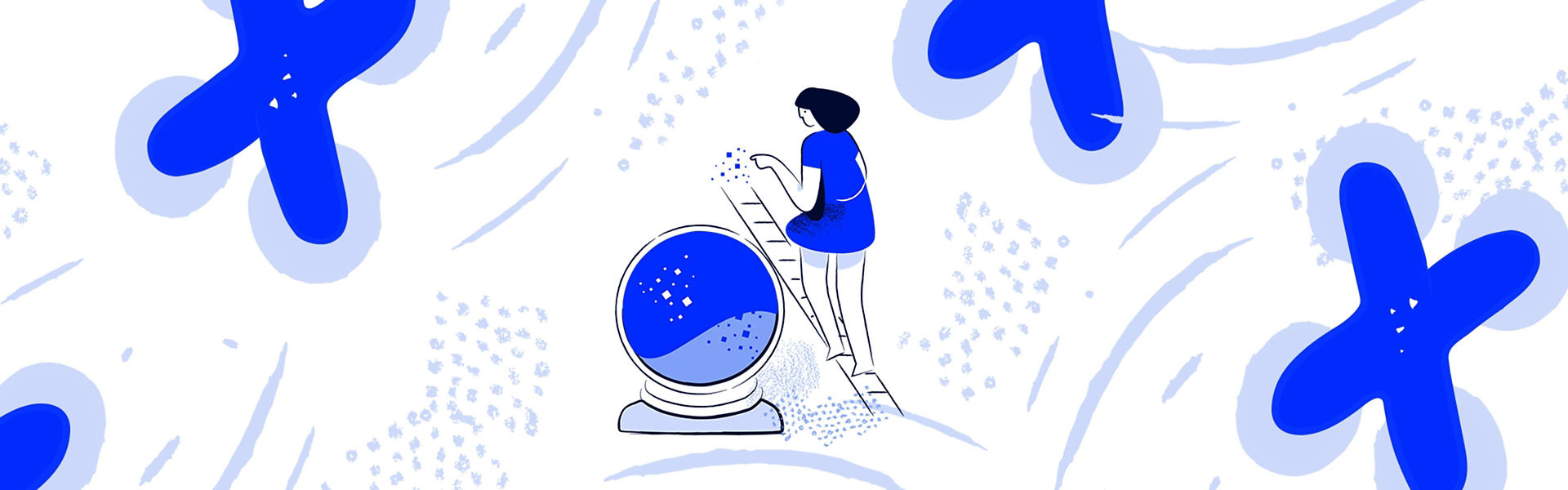 An illustration depicting a person climbing a ladder leaning on a blue crystal ball