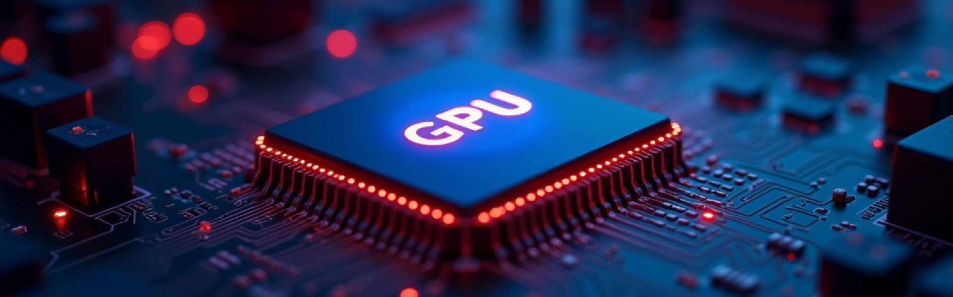 GPU chip on a circuit board with glowing red lights