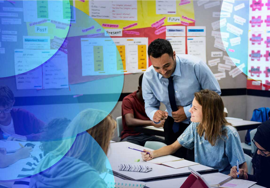 Group of students learning with their teacher