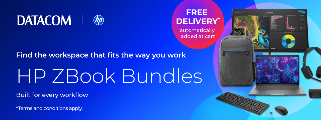 A showcase of HP ZBook products with details about a free delivery promotion.