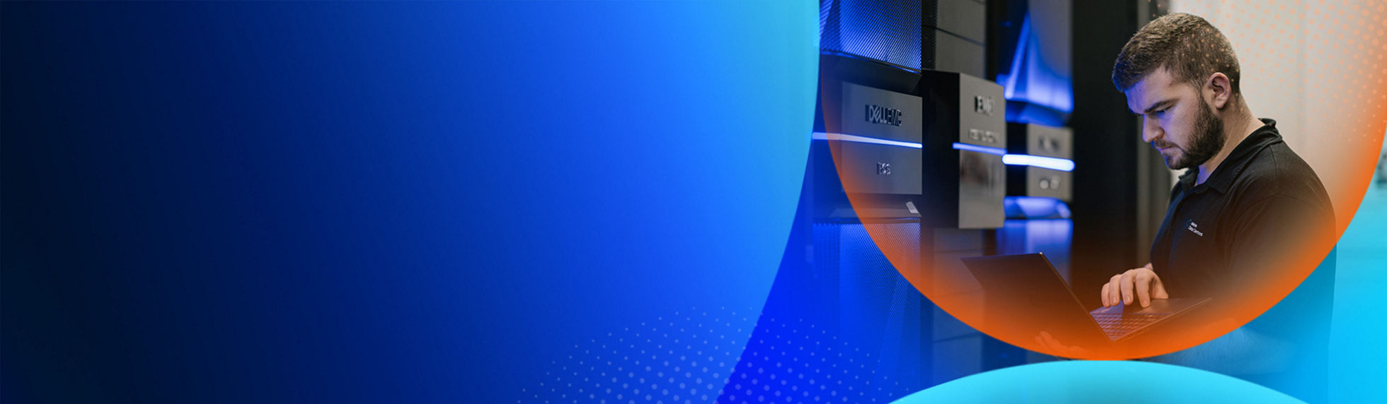 A man on a laptop in a dark data centre with servers in background and an orange and blue lens overlay