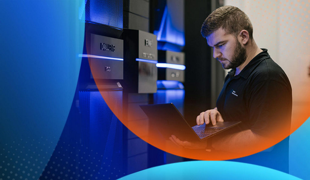 A man inside data centre with an orange and blue lens overlay