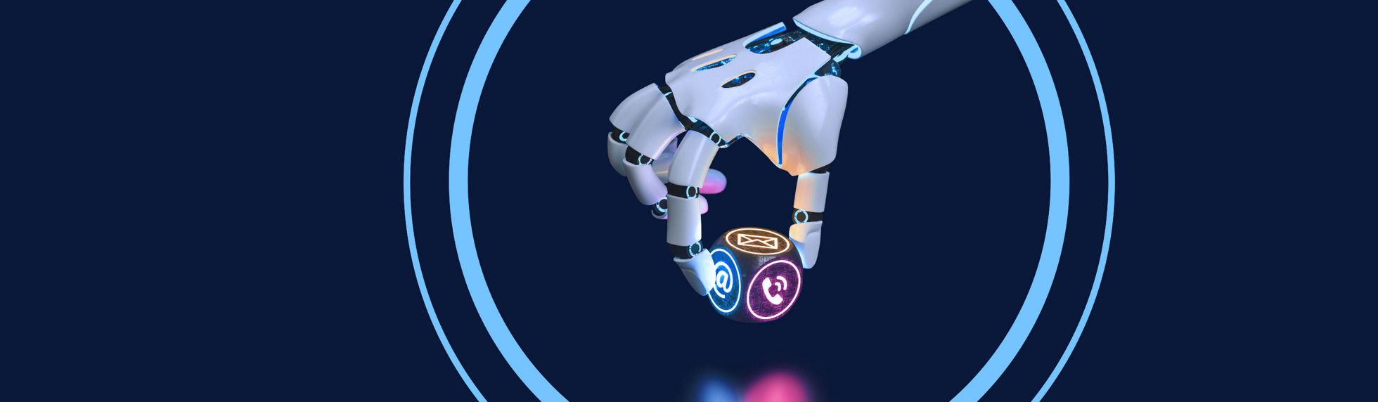 A robotic arm holding a cube with media icons on each side