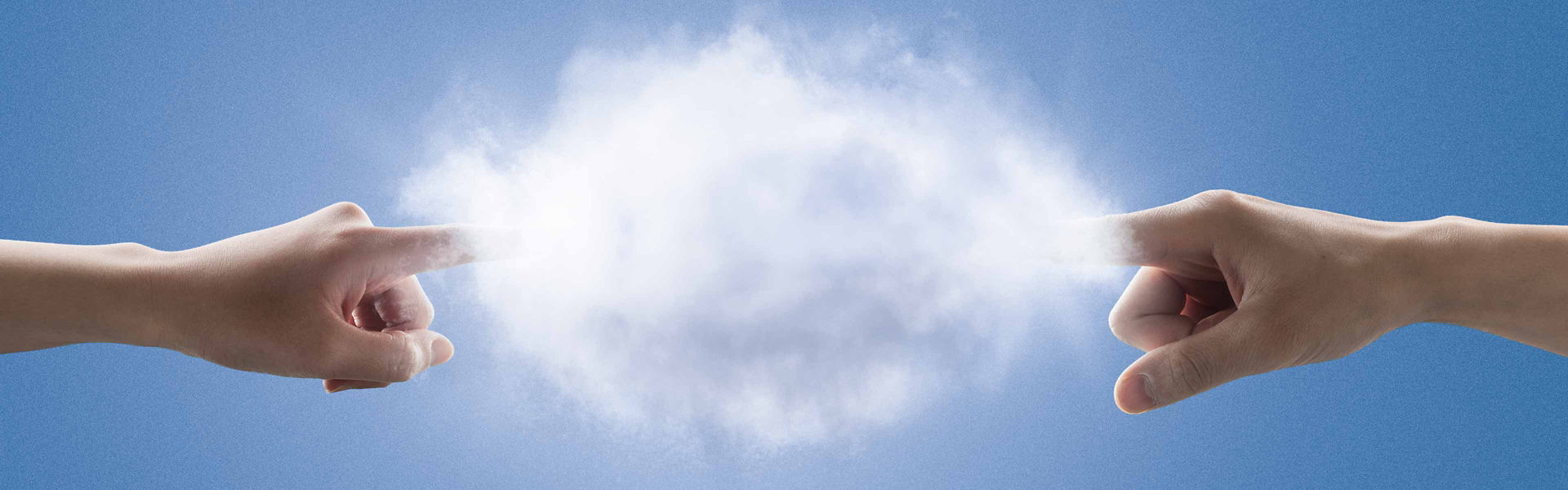 Two hands pointing into a cloud