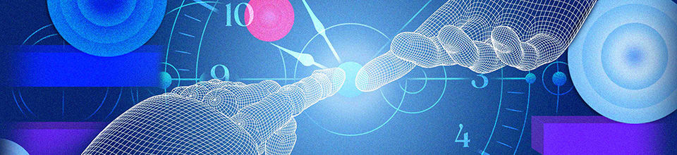 A Datacom illustration of two fingers joined in the middle in front of  a clock