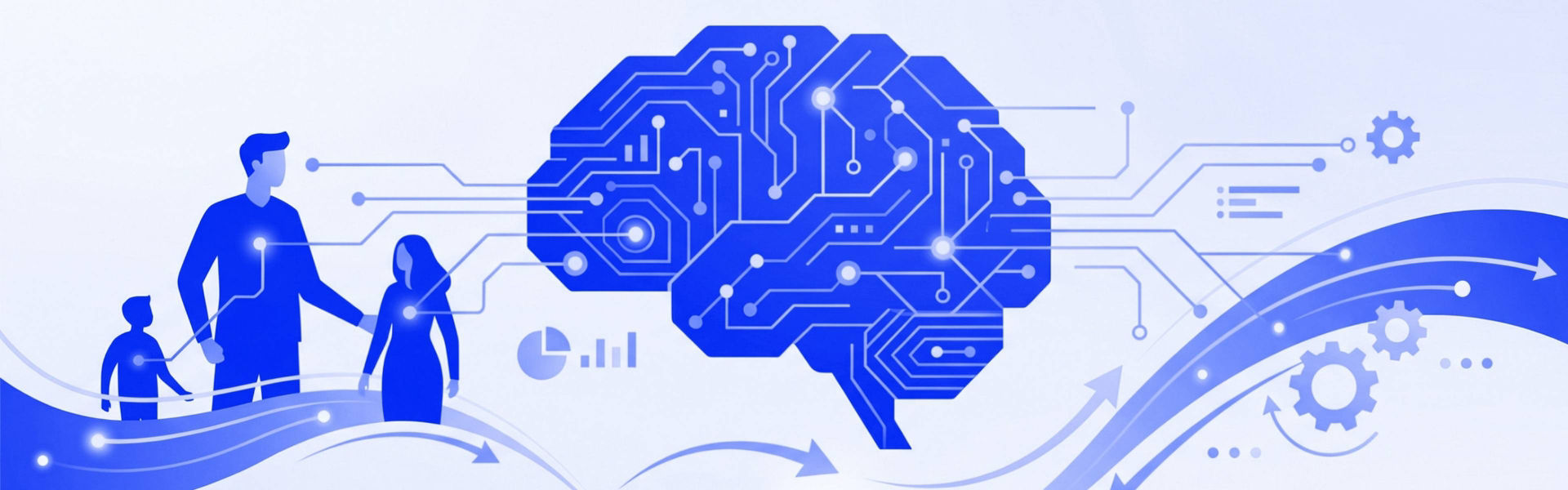 Graphic representing the intersection of people and technology, symbolically illustrating the concept of AI literacy. A brain is in the middle of the image, with lights, lines representing flow, and people surrounding it