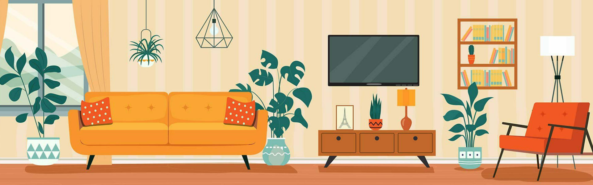 An illustration of a cosy living room decorated in yellows and oranges