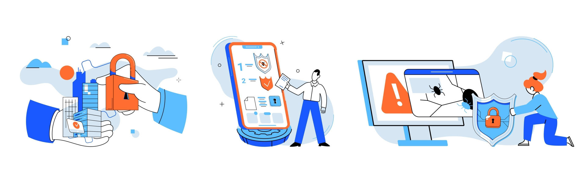 Three cybersecurity illustrations showing a lock, a secure mobile app and a protected computer with a warning alert.