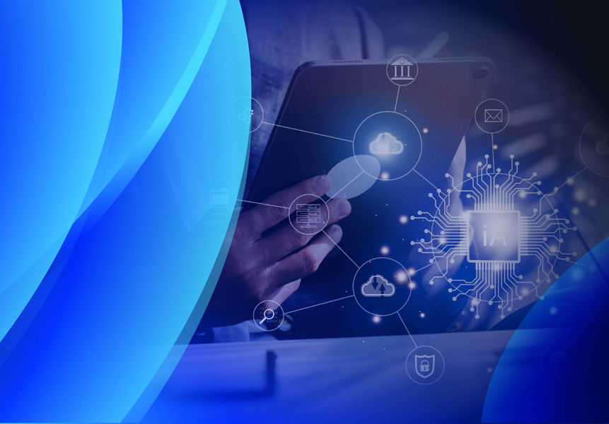 A person using a tablet and a cluster of IT management related icons