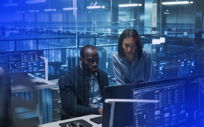 Man and woman at desk looking at laptop in office room