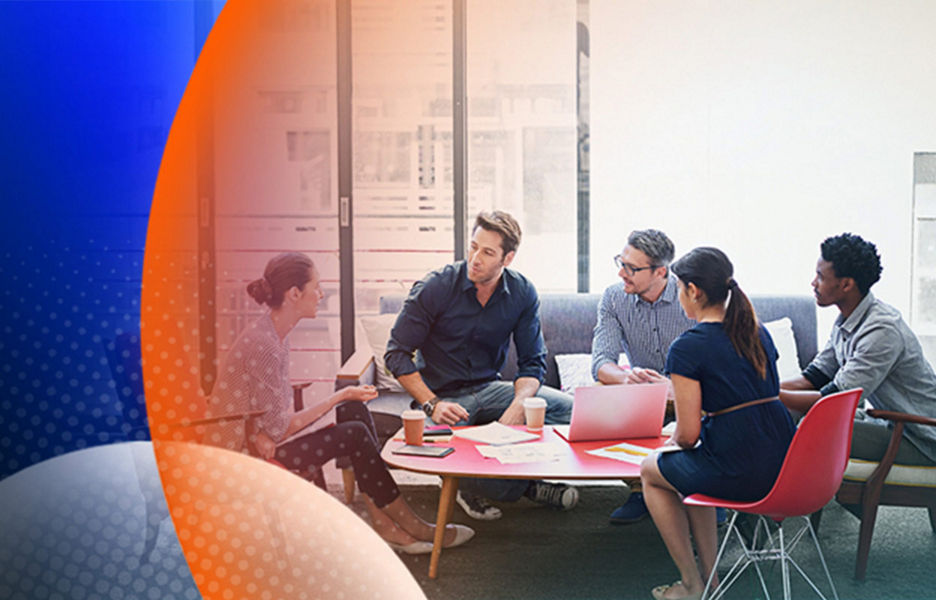 A group of people having a conversation on a couch in a corporate setting with laptops and paper out to make notes with an orange and blue lens overlay