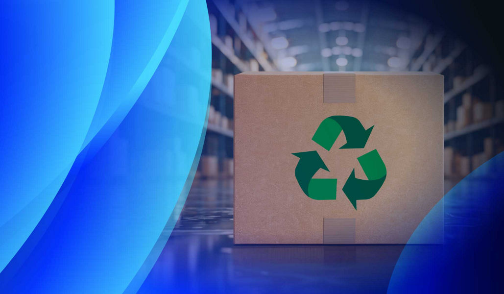 A box with a recycling symbol on it in a warehouse