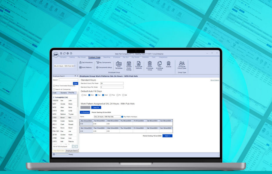 Datapay Employee group interface on a laptop with screen flat lays in the background