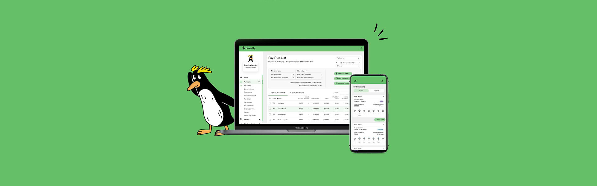 A mockup of the Smartly product alongside their brand mascot, a penguin