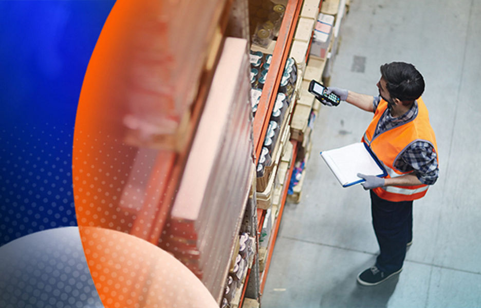 Man scanning items in a warehouse with an orange high-vis vest on with an orange and blue lens overlay