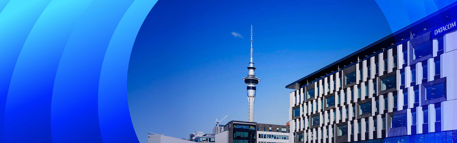 Datacom's HQ in Auckland with view of the Skytower and blue lens treatment. 