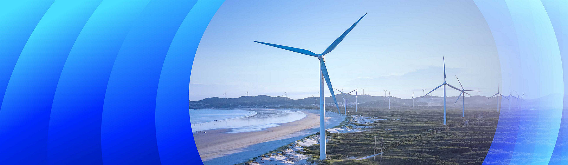 A beachside wind farm surrounded by Datacom brand patterns