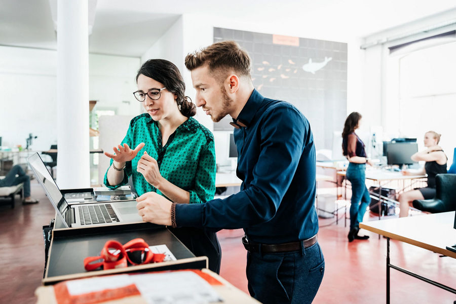 Two colleagues in bright modern office look at computer and learn together