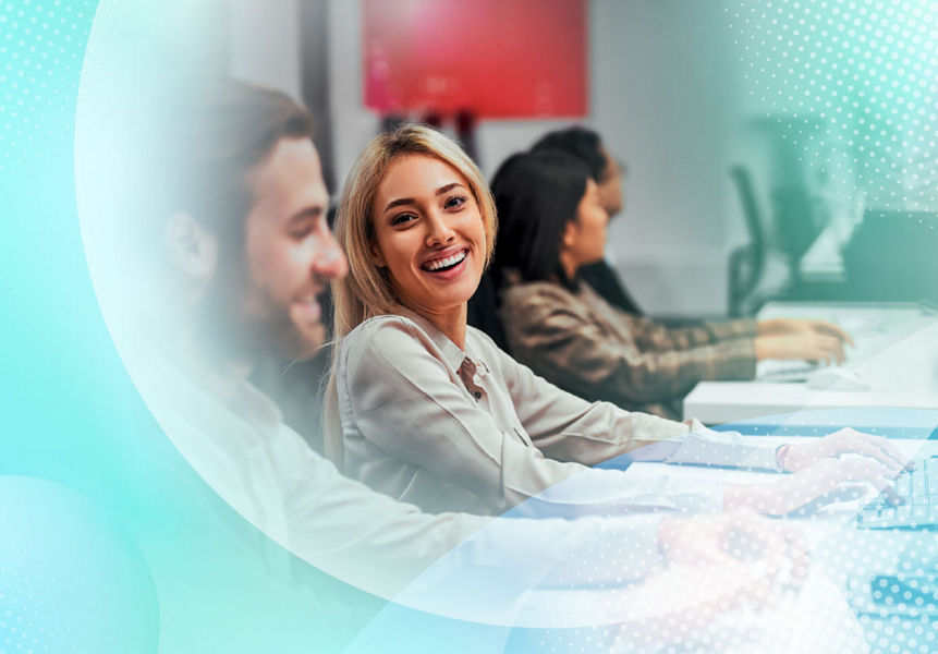 Happy professionals working at their computers using AI solutions