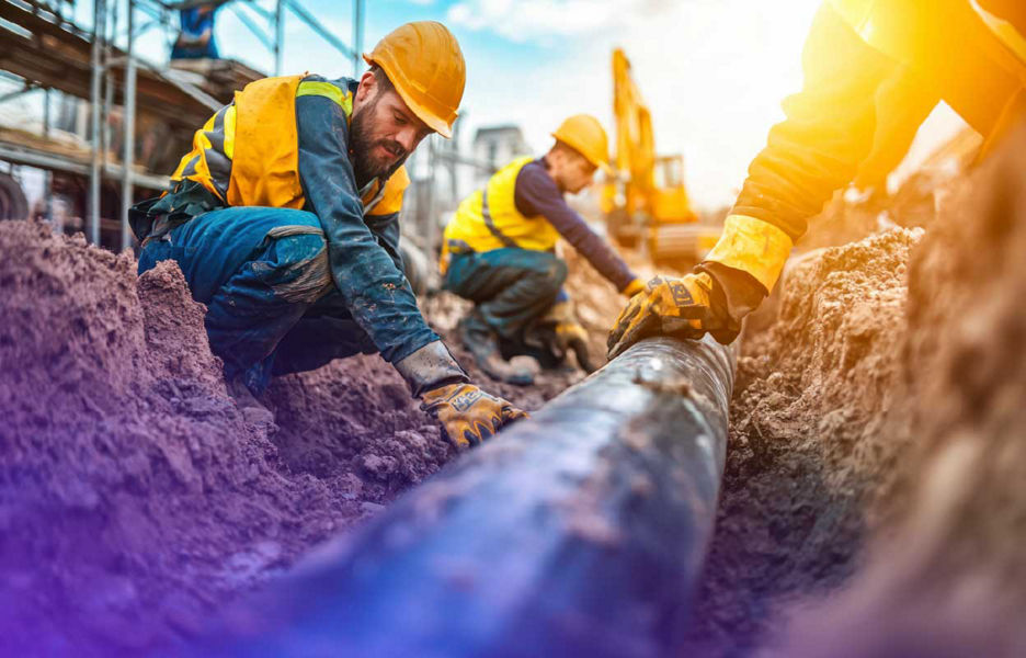 Men on construction site working on pipes on the ground