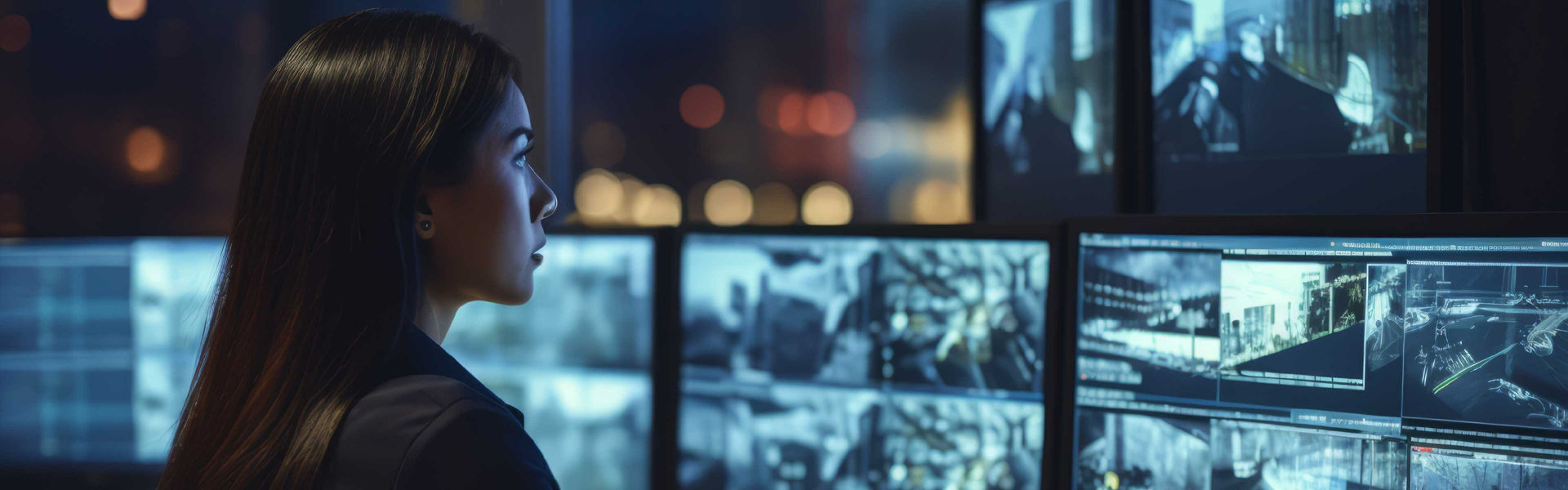 Female security camera operator monitoring multiple screens in a high-tech surveillance room